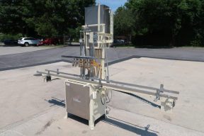 MRM 6 Spout Semi-Automatic Pressure Gravity Filler, with Motorized Conveyor